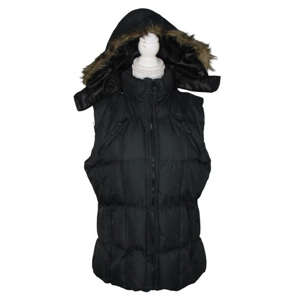 Snow Dolls Full Zip Hooded Puffy Puffer Vest Warm Black Logo Faux Fur Hood Sz L - Picture 1 of 14